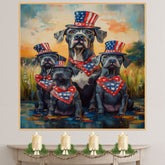 Mother Great Dane with Three Puppies Wearing Patriotic Hats and Bandanas by a Pond at Sunset in a Whimsical Celebration on Ready to Hang 1.5" Thick Canvas Wrap, Floating Framed Canvas, Flat Rolled Canvas
